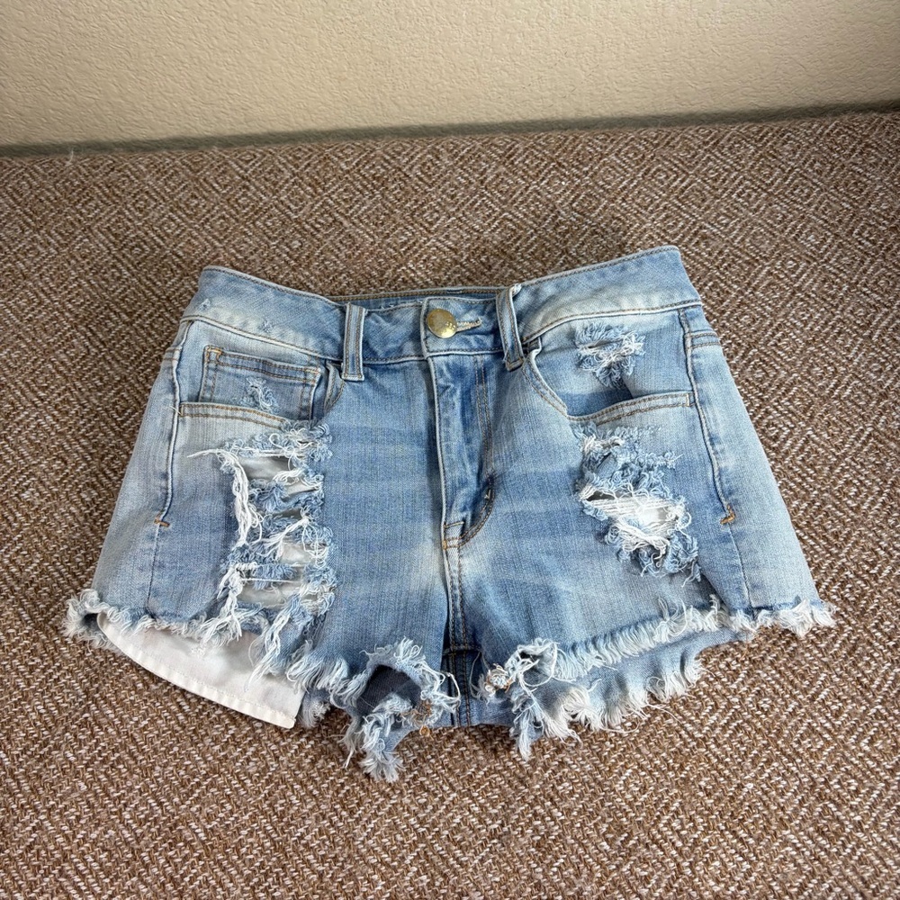 American Eagle Outfitters Light Blue Distressed Denim Bike Shorts